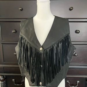 Black Leather Fringed Vest XL
